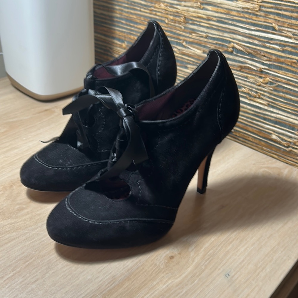 Black Suede Ribbon Lace Up Heels - Worn Once